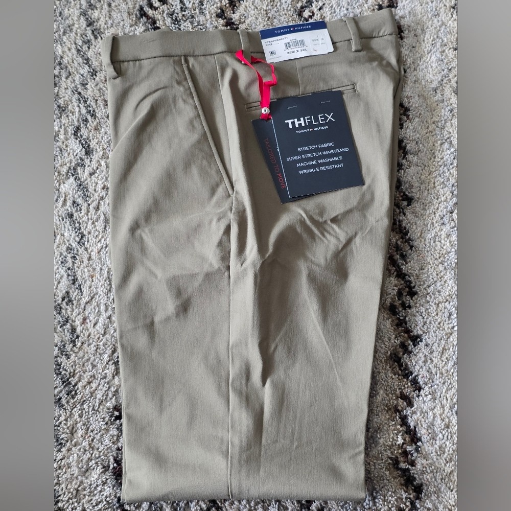 $95 Tommy Hilfiger Mens ThFlex  Dress Pants 33W/32L Sage Green Solid Stretch - Picture 2 of 7